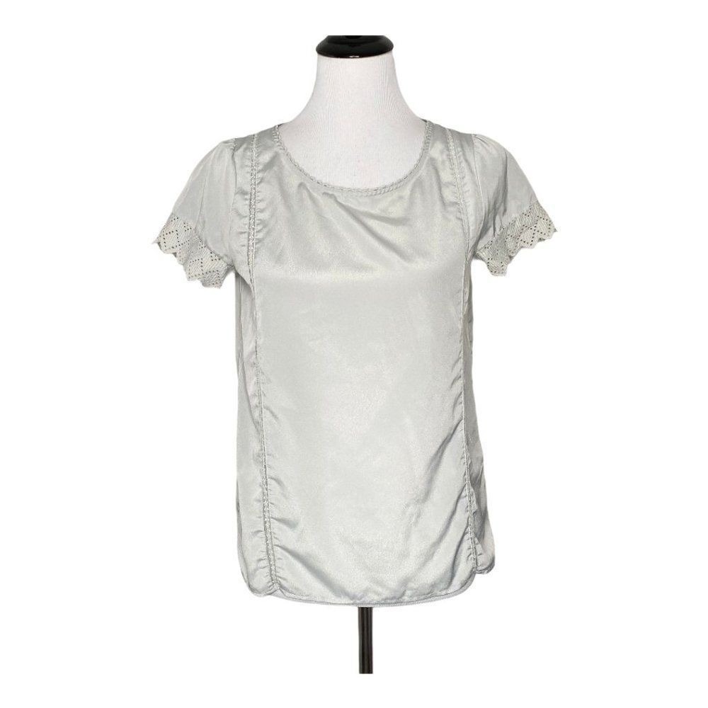 Cottagecore Coquette Eyelet Lace Satin Blouse Puff Sleeve Crochet Pleated S Grey